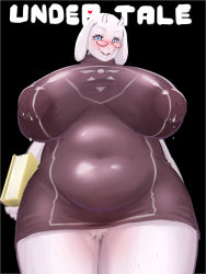 Rule 34 | 1girl, artist request, blue eyes, breasts, furry, furry female, highres, huge breasts, lactation, lactation through clothes, mature female, milk, nipples, open mouth, plump, sheep, simple background, solo, toriel, undertale