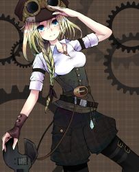 Rule 34 | 1girl, aqua eyes, belt, blonde hair, blue eyes, braid, breasts, corset, cowboy shot, crystal, fingerless gloves, gears, gloves, goggles, hat, highres, jewelry, large breasts, light smile, long hair, minato (shouno), necklace, original, pantyhose, salute, solo, steampunk, wrench