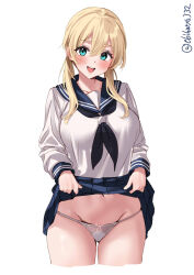 Rule 34 | 1girl, black neckerchief, blonde hair, blue sailor collar, blue skirt, blush, breasts, clothes lift, collarbone, cropped legs, ebifurya, foreshortening, gluteal fold, groin, hair between eyes, highres, kantai collection, large breasts, lifted by self, long hair, long sleeves, looking at viewer, low twintails, navel, neckerchief, one-hour drawing challenge, open mouth, panties, pleated skirt, prinz eugen (kancolle), sailor collar, shirt, sidelocks, simple background, skirt, skirt lift, smile, solo, teeth, thighs, twintails, twitter username, underwear, upper teeth only, white background, white panties, white shirt