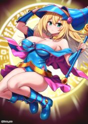 Rule 34 | 1girl, bare shoulders, blonde hair, blue footwear, blue hat, blush, boots, breasts, cleavage, collarbone, commentary request, dark magician girl, duel monster, green eyes, hair between eyes, hat, highres, holding, holding wand, kinnan, large breasts, looking at viewer, magic circle, revision, solo, wand, wizard hat, yu-gi-oh!