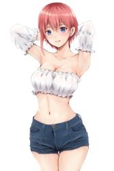 Rule 34 | 1girl, armpits, arms behind head, bare shoulders, blue eyes, blush, breasts, cleavage, collarbone, commentary request, cowboy shot, denim, denim shorts, frilled sleeves, frilled tube top, frills, go-toubun no hanayome, highres, large breasts, looking at viewer, nakano ichika, navel, pink hair, ritsumama 2013, short hair, short shorts, shorts, simple background, solo, standing, strapless, thighs, tube top, white background, white sleeves, white tube top