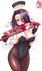 Rule 34 | 1girl, alternate costume, animal ears, artist logo, black gloves, black leotard, black pantyhose, blade, blood, breasts, cameltoe, commentary request, covered navel, cowboy shot, dated, fake animal ears, glaive (polearm), gloves, hair intakes, halo, highres, kanon (kurogane knights), kantai collection, large breasts, leotard, licking, looking at viewer, mechanical halo, pantyhose, playboy bunny, polearm, purple eyes, purple hair, rabbit ears, rabbit tail, short hair, simple background, solo, standing, strapless, strapless leotard, tail, tatsuta (kancolle), tatsuta kai ni (kancolle), tongue, tongue out, white background, wrist cuffs