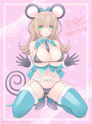 Rule 34 | 1girl, animal ears, aqua eyes, between breasts, black gloves, black necktie, blue bow, blue thighhighs, bow, breasts, brown hair, commentary request, dated, detached sleeves, garter belt, garter straps, gloves, hair bow, high heels, kneeling, kuroda akimi, large breasts, long hair, looking at viewer, mouse ears, mouse tail, necktie, necktie between breasts, new year, open mouth, original, pink background, solo, tail, thighhighs, translation request, twitter username