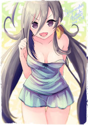 Rule 34 | 1girl, :d, absurdres, ahoge, alternate breast size, bare shoulders, blurry, blush, breasts, camisole, cleavage, collarbone, cowboy shot, dated, depth of field, grey hair, hair between eyes, hair ornament, highres, kantai collection, kiyoshimo (kancolle), kururuduki, long hair, looking at viewer, low twintails, medium breasts, open mouth, polka dot, polka dot shorts, pulling own clothes, purple eyes, shorts, smile, solo, spaghetti strap, standing, strap pull, strap slip, tareme, thigh gap, twintails, twitter username, unmoving pattern, v-shaped eyebrows, very long hair