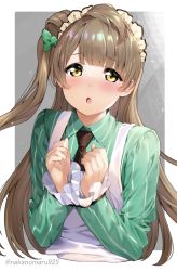Rule 34 | 1girl, absurdres, alternate costume, blush, bow, brown hair, commentary request, enmaided, green bow, hair bow, highres, long hair, long sleeves, looking at viewer, love live!, love live! school idol project, maid, maid headdress, minami kotori, nakano maru, open mouth, side ponytail, solo, twitter username, upper body, yellow eyes