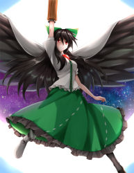 Rule 34 | 1girl, arm cannon, arm up, asymmetrical footwear, bird wings, black footwear, black hair, black legwear, black wings, bow, breasts, cape, center frills, closed mouth, collared shirt, commentary, control rod, frilled skirt, frills, full body, green bow, green skirt, hair between eyes, hair bow, highres, long hair, long skirt, looking at viewer, medium breasts, meso (zgmf-xv), mismatched footwear, puffy short sleeves, puffy sleeves, red eyes, reiuji utsuho, shirt, shoes, short sleeves, single shoe, skirt, smile, solo, starry sky print, third eye, touhou, weapon, white background, white cape, white shirt, wings