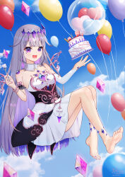 Rule 34 | 1girl, absurdres, balloon, barefoot, cake, feet, food, highres, hololive, hololive english, keiillustrator, koseki bijou, long hair, looking at viewer, open mouth, purple eyes, soles, toes, virtual youtuber