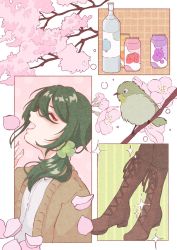 Rule 34 | 1girl, :d, bird, boots, bottle, brown footwear, bubble, can, cherry blossoms, closed eyes, clover hair ornament, cross-laced footwear, drink can, green hair, hair ornament, highres, jacket, lace-up boots, open mouth, petals, pokopan, shirt, smile, soda can, solo, sparkle, sumi suya, sweater jacket, virtual youtuber, white background, white shirt