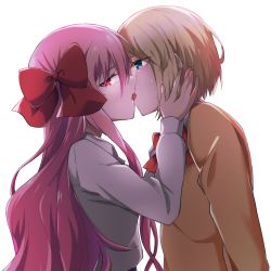 Rule 34 | 1boy, 1girl, azami masurao, blonde hair, blue skirt, bow, bowtie, commentary request, dead apostle noel (tsukihime), green eyes, hair bow, highres, kiss, long hair, mario gallo bestino, noel (tsukihime), pink hair, red bow, red bowtie, red eyes, school uniform, shirt, skirt, tsukihime, tsukihime (remake), white shirt, yellow shirt