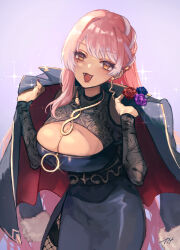 Rule 34 | 1girl, :3, breasts, cleavage, cleavage cutout, clothing cutout, dress, earrings, fangs, fishnet pantyhose, fishnets, flower, glint, highres, holding, holding clothes, holding jacket, jacket, jacket on shoulders, jewelry, large breasts, lilyw, long hair, long sleeves, mole, mole on breast, mole under eye, multicolored hair, naname (7name), necklace, open mouth, pantyhose, pink hair, project blue (vtuber), rose, side slit, smile, solo, streaked hair, thighband pantyhose, very long hair, virtual youtuber, white hair, yellow eyes