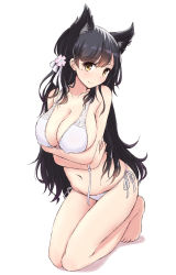 Rule 34 | 1girl, animal ears, atago (azur lane), atago (summer march) (azur lane), azur lane, bikini, black hair, blush, breast hold, breasts, cleavage, closed mouth, collarbone, commentary request, flower, full body, hair flower, hair ornament, highres, kneeling, large breasts, long hair, looking at viewer, mel (melty pot), mole, mole under eye, navel, simple background, smile, solo, stomach, swept bangs, swimsuit, very long hair, white background, white bikini, yellow eyes