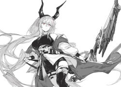 Rule 34 | 1girl, arknights, belt, bow (weapon), breasts, commentary, dot nose, dress, frown, highres, holding, holding bow (weapon), holding weapon, horns, hug (yourhug), jacket, large breasts, long hair, looking to the side, multiple belts, red pupils, simple background, sketch, solo, spot color, thighhighs, typhon (arknights), very long hair, weapon, white background