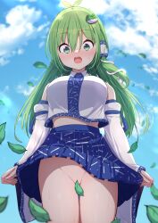 Rule 34 | 1girl, absurdres, antenna hair, blue skirt, blue sky, blush, breasts, cloud, commentary request, convenient censoring, cowboy shot, darumoon, detached sleeves, frog hair ornament, green eyes, green hair, hair between eyes, hair ornament, highres, kochiya sanae, large breasts, looking at viewer, no panties, open mouth, outdoors, shirt, skirt, sky, snake hair ornament, solo, standing, sweatdrop, touhou, white shirt, wind, wind lift