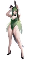 Rule 34 | 1girl, animal ears, blush, breasts, cleavage, corrupted twitter file, covered navel, crocodilian tail, detached collar, fake animal ears, green hair, high heels, highres, large breasts, leotard, long hair, looking at viewer, medium breasts, muscular, muscular female, necktie, nine (kanine41), open mouth, original, personification, playboy bunny, rabbit ears, scar, solo, standing, tail, white background, yellow eyes