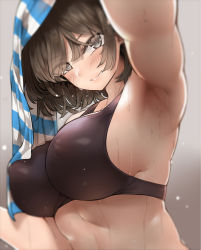 Rule 34 | 1girl, armpits, bababababan, blush, breasts, brown hair, covered erect nipples, grey eyes, grin, highres, large breasts, looking at viewer, original, see-through, short hair, smile, solo, sports bra, sweat, towel, towel on head, upper body