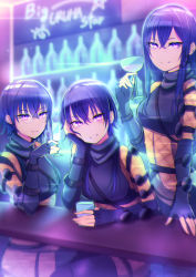 Rule 34 | 3girls, absurdres, apex legends, black gloves, black hair, blue hair, bodysuit, bottle, breasts, clone, colored tips, cosplay, cup, drinking glass, fingerless gloves, glasses, gloves, hair behind ear, hair between eyes, highres, holding, holding cup, ichinose uruha, kiiro (cocoa080), long hair, looking at viewer, lupinus virtual games, mirage (apex legends), mirage (apex legends) (cosplay), multicolored hair, multiple girls, parted lips, purple eyes, small breasts, smile, star (symbol), virtual youtuber, vspo!, wine glass, yellow bodysuit