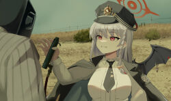 Rule 34 | 1boy, 1girl, black headwear, black jacket, blue archive, braid, breasts, day, grey hair, hair between eyes, halo, haruna (blue archive), hat, highres, holding, jacket, jacket on shoulders, long hair, long sleeves, medium breasts, no country for old men, outdoors, red eyes, scene reference, shirt, side braid, single wing, striped clothes, striped shirt, upper body, white shirt, wings, ziz (pandora707)