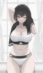 Rule 34 | 1girl, absurdres, arm behind head, arms up, black hair, blush, brand name imitation, breasts, brown eyes, buruma, cleavage, curtains, dot nose, gwan-e, hair tie, hair tie in mouth, highres, large breasts, leaning back, mouth hold, navel, one eye closed, original, short hair, solo, sports bra, stomach, sweat, thighs, towel, towel around neck, wet, wet hair, white buruma, white sports bra, window, wiping sweat