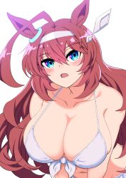 Rule 34 | 1girl, ahoge, animal ears, bikini, blue eyes, breasts, brown hair, commentary, ear ornament, front-tie bikini top, front-tie top, grey hairband, hair ornament, hairband, highres, horse ears, horse girl, large breasts, leaning forward, long hair, looking at viewer, mamiyama, mihono bourbon (umamusume), navel, open mouth, simple background, solo, standing, swimsuit, umamusume, white background, white bikini