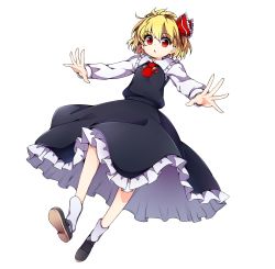 Rule 34 | 1girl, absurdres, ascot, baba (baba seimaijo), black dress, blonde hair, dress, full body, hair ribbon, highres, long sleeves, outstretched arms, parody, red eyes, ribbon, rumia, shirt, short hair, skirt, solo, style parody, tachi-e, touhou, transparent background