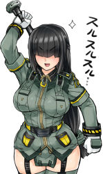 Rule 34 | 1girl, :d, black hair, blunt bangs, breasts, cosmic break, covered eyes, cowboy shot, garter straps, gloves, grey jacket, grey thighhighs, hair over eyes, holding, holding weapon, jacket, large breasts, long hair, long sleeves, looking at viewer, mace, open mouth, pelvic curtain, simple background, skj, smile, sparkle, standing, thighhighs, weapon, white background, white gloves