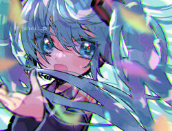 Rule 34 | 1girl, blue eyes, blue hair, blue nails, blush, chromatic aberration, detached sleeves, doradorakingyo, eyelashes, hatsune miku, headset, long hair, looking at viewer, nail polish, number tattoo, open mouth, shoulder tattoo, solo, tattoo, twintails, twitter username, upper body, vocaloid