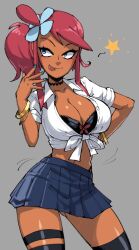 Rule 34 | 1girl, american school uniform, artist name, black bra, black thighhighs, blue eyes, bra, bracelet, breasts, cleavage, commission, creatures (company), front-tie shirt, front-tie top, game freak, gingrjoke, gluteal fold, gold bracelet, gyaru, highres, jewelry, large breasts, nail polish, nintendo, open clothes, pokemon, pokemon bw, red hair, school uniform, second-party source, skyla (pokemon), swaying, thighhighs, tongue, tongue out, underwear