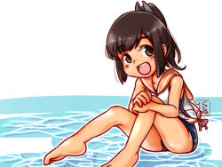 Rule 34 | 1girl, artist logo, barefoot, brown eyes, brown hair, commentary request, i-401 (kancolle), kantai collection, kutone shirika, looking at viewer, open mouth, orange sailor collar, ponytail, round teeth, sailor collar, school swimsuit, shirt, side-tie shirt, simple background, sitting, sleeveless, sleeveless shirt, solo, swimsuit, swimsuit under clothes, tan, tanline, teeth, upper teeth only, white background