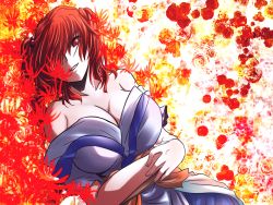 Rule 34 | 1girl, breasts, cleavage, floral background, flower, hair over one eye, japanese clothes, kimono, large breasts, lying, off shoulder, onozuka komachi, red eyes, red hair, rose, samuimu, sash, solo, touhou, twintails, two side up