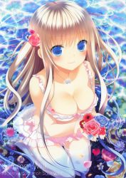 Rule 34 | 1girl, absurdres, afloat, bikini, blonde hair, blue eyes, blue flower, blue rose, blush, breasts, cleavage, flower, frilled bikini, frills, hair flower, hair ornament, highres, holding, jewelry, long hair, looking at viewer, makita maki, necklace, original, partially submerged, petals, pink flower, pink rose, rose, seiza, sitting, smile, solo, strap gap, swimsuit, thigh gap, very long hair, water, white bikini