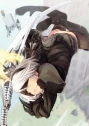 Rule 34 | 1girl, ass, back, black dress, black thighhighs, blindfold, boots, dress, feather-trimmed sleeves, fu-ta, hairband, high heels, katana, mole, mole under mouth, nier (series), nier:automata, parted lips, pod (nier:automata), puffy sleeves, robot, short hair, silver hair, sword, thighhighs, weapon, 2b (nier:automata)