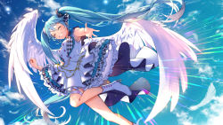Rule 34 | 1girl, ^ ^, ^o^, alternate costume, aqua hair, closed eyes, dress, closed eyes, flying, frilled dress, frills, grin, hand up, hatsune miku, kyashii (a3yu9mi), long hair, midair, outstretched arm, sky, sleeveless, smile, solo, twintails, vocaloid, wings