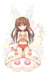 Rule 34 | 1girl, animal, bare arms, bare legs, bare shoulders, barefoot, blush, boots, brown eyes, brown hair, camisole, cat, closed mouth, hands up, hatsunatsu, highres, long hair, looking at viewer, midriff, navel, necktie, orange camisole, original, red necktie, red shorts, short shorts, shorts, smile, solo, two side up, very long hair, white background