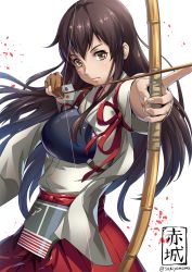 Rule 34 | 10s, 1girl, aiming, akagi (kancolle), armor, arrow (projectile), artist name, bow (weapon), breastplate, brown eyes, brown gloves, brown hair, closed mouth, cowboy shot, drawing bow, expressionless, eyelashes, fingernails, fletches, flight deck, gloves, hakama, hakama short skirt, hakama skirt, holding, holding bow (weapon), holding weapon, index finger raised, japanese clothes, japanese flag, kantai collection, kimono, lips, long hair, long sleeves, looking at viewer, matching hair/eyes, muneate, partially fingerless gloves, partly fingerless gloves, pleated skirt, red ribbon, red skirt, ribbon, sakiyamama, serious, simple background, single glove, skirt, solo, tsurime, very long hair, weapon, white background, yugake