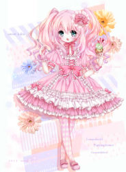 Rule 34 | 1girl, blue eyes, checkered clothes, checkered legwear, frills, full body, hair ornament, highres, holding, ice cream cone, koyoi (ruka), lolita fashion, long hair, looking at viewer, mary janes, open mouth, original, pink hair, shoes, solo, standing, twintails, wrist cuffs
