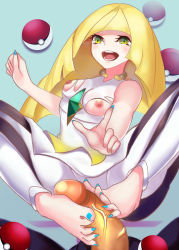 Rule 34 | 1girl, :d, absurdres, bare shoulders, barefoot, blonde hair, blush, breasts, breasts out, creatures (company), feet, footjob, game freak, green eyes, highres, long hair, lusamine (pokemon), nail polish, nintendo, nipples, open mouth, penis, poke ball, pokemon, pov, shirt, sitting, smile, solo (twsolo), toenail polish, toenails, toes, torn clothes, torn shirt, uncensored