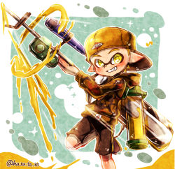 Rule 34 | 1boy, backwards hat, bad id, bad pixiv id, baseball cap, black footwear, black shorts, blonde hair, camouflage, camouflage shirt, e-liter 3k (splatoon), green background, grin, harutarou (orion 3boshi), hat, highres, holding, holding weapon, ink tank (splatoon), inkling, inkling boy, inkling player character, leg up, logo, long sleeves, looking at viewer, male focus, nintendo, outside border, paint splatter, pointy ears, scope, shirt, shoes, shorts, single vertical stripe, smile, splatoon (series), splatoon 1, standing, standing on one leg, tentacle hair, twitter username, weapon, yellow hat, yellow shirt