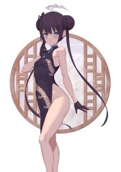 Rule 34 | 1girl, absurdres, bare shoulders, black dress, black gloves, black hair, blue archive, blue eyes, braid, braided bun, breasts, butterfly hair ornament, china dress, chinese clothes, double bun, dragon print, dress, gloves, grey eyes, hair bun, hair ornament, halo, highres, jilu, kisaki (blue archive), long hair, looking at viewer, pelvic curtain, print dress, short dress, side slit, sleeveless, sleeveless dress, small breasts, solo, twintails, white background