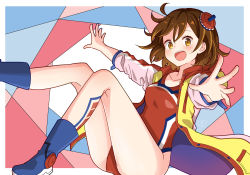 Rule 34 | 1girl, :d, blush, boots, breasts, brown eyes, brown hair, competition swimsuit, enkichi totan, hair ornament, jacket, koigahama miroku, long sleeves, looking at viewer, multicolored background, one-piece swimsuit, open clothes, open jacket, open mouth, short hair, small breasts, smile, solo, station memories, swimsuit