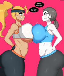 Rule 34 | 2girls, angry, ass, bandana, black hair, blonde hair, breast contest, breast press, breasts, cleavage, clenched teeth, drunkavocado, english text, green hair, grey eyes, hands on own hips, highres, huge ass, huge breasts, midriff, multiple girls, navel, nintendo, pants, pink background, ponytail, ring fit adventure, ring fit trainee, ring fit trainee (female), sports bra, sportswear, standing, stomach, symmetrical docking, teeth, wii fit, wii fit trainer, wii fit trainer (female), yoga pants