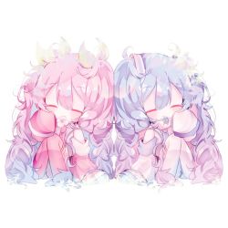 Rule 34 | 2girls, blue hair, blue neckwear, cherry blossoms, chibi, commentary, detached sleeves, closed eyes, flower in mouth, fuyuzuki gato, hair ornament, hand on own cheek, hand on own face, hand up, hatsune miku, knees up, leaf, leaf hair ornament, light blue hair, long hair, mouth hold, multiple girls, necktie, pink hair, pink legwear, pink neckwear, pink sleeves, sakura miku, shirt, side-by-side, sitting, sleeves past fingers, sleeves past wrists, snowflake ornament, thighhighs, twintails, very long hair, vocaloid, white background, white legwear, white shirt, white sleeves, yuki miku, yuki miku (2011)