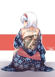 Rule 34 | 10s, 1girl, absurdres, back tattoo, blush, brown eyes, closed mouth, commentary, english text, esencey, floral print, flower, from behind, full body, hairband, highres, japanese clothes, kantai collection, kimono, koi, looking back, obi, off shoulder, profile, sash, shoukaku (kancolle), sitting, smile, solo, tattoo, white background, white hair