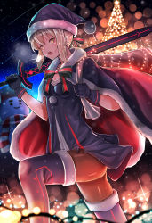Rule 34 | 1girl, alternate costume, artoria pendragon (all), artoria pendragon (fate), bag, black pantyhose, blonde hair, boots, box, breasts, cape, christmas, christmas garland, christmas tree, excalibur (fate/stay night), excalibur morgan (fate), fate/grand order, fate (series), fur trim, garland (decoration), gift, gift box, gloves, hat, highres, holding, holding sword, holding weapon, looking at viewer, pantyhose, pasoputi, ribbon, saber (fate), saber alter, santa alter, santa costume, santa hat, short hair, sky, small breasts, solo, star (sky), star (symbol), starry sky, sword, thighhighs, weapon, yellow eyes