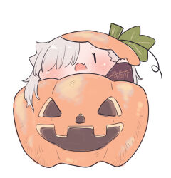 Rule 34 | 1girl, blush, chibi, fang, food, grey hair, hair over one eye, hand up, highres, in food, ishikawa luna, jack-o&#039;-lantern, looking at viewer, mini person, minigirl, nikki kyousuke, open mouth, original, signature, simple background, solo, white background, | |