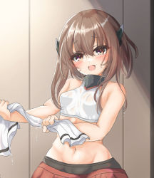 Rule 34 | 1girl, bike shorts, blush, breasts, brown eyes, brown hair, hair between eyes, headgear, highres, kantai collection, kasashi (kasasi008), looking at viewer, midriff, navel, open mouth, red skirt, see-through, short hair with long locks, skirt, small breasts, solo, taihou (kancolle), water drop, wet, wet clothes, wringing clothes