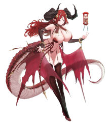 Rule 34 | 1girl, absurdres, asterisk (symbol), black thighhighs, breasts, cho gum, cleavage, demon horns, detached sleeves, dragon tail, earrings, forehead jewel, full body, garter straps, hair ornament, high heels, highleg, highleg panties, highres, horns, jewelry, large breasts, long hair, looking at viewer, low wings, mole, mole on breast, navel, original, panties, pointy ears, red eyes, red footwear, red hair, red panties, red wings, simple background, solo, symbol-shaped pupils, tail, thighhighs, underwear, white background, wings