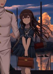 Rule 34 | 1boy, 1girl, admiral (kancolle), aged down, akagi (kancolle), bag, blush, boat, brown eyes, brown hair, closed mouth, cloud, collarbone, commentary request, epaulettes, hand on another&#039;s shoulder, handbag, highres, i-class destroyer, ichikawa feesu, kantai collection, kneehighs, long hair, long sleeves, looking at another, military, military uniform, naval uniform, neckerchief, outdoors, pleated skirt, reflection, sailor collar, school bag, school uniform, serafuku, shirt, short sleeves, skirt, sky, smile, socks, standing, sunset, uniform, water, watercraft, white neckerchief