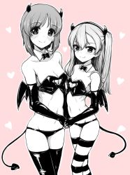 Rule 34 | 2girls, alternate costume, bandeau, bikini, blush, bow, bowtie, breasts, cleavage cutout, closed mouth, clothing cutout, demon horns, demon tail, demon wings, detached collar, elbow gloves, girls und panzer, gloves, greyscale, greyscale with colored background, hair ribbon, heart, holding hands, horns, light blush, long hair, medium breasts, monochrome, multiple girls, navel, nishizumi miho, one side up, partially colored, petag2, pink background, ribbon, shimada arisu, short hair, small breasts, smile, strapless, strapless bikini, striped clothes, striped legwear, striped thighhighs, swimsuit, tail, thighhighs, wing collar, wings