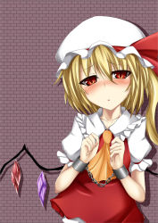 Rule 34 | 1girl, bad id, bad pixiv id, blonde hair, cuffs, female focus, flandre scarlet, hat, ponytail, red eyes, short hair, side ponytail, solo, suterii, touhou, upper body, wings