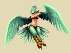 Rule 34 | 1girl, armpits, bare shoulders, breasts, brown eyes, full body, green hair, green wings, hakuginnosora, harpy, medium breasts, micro shorts, midriff, monster girl, navel, original, shorts, simple background, solo, strapless, tube top, winged arms, wings